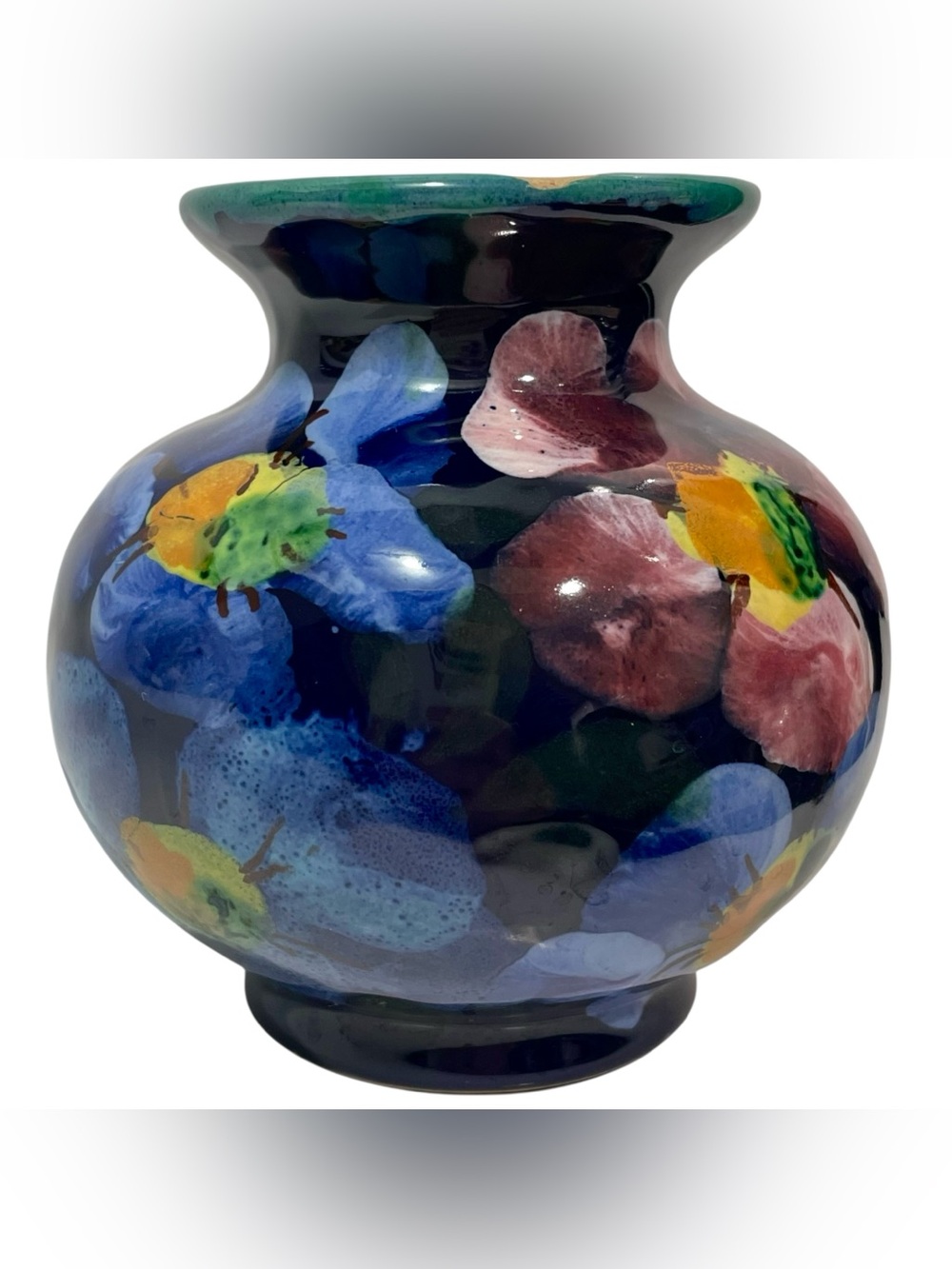 Vintage 1960s Italian Signed Pottery Art Vase - Hand Painted Colorful Floral